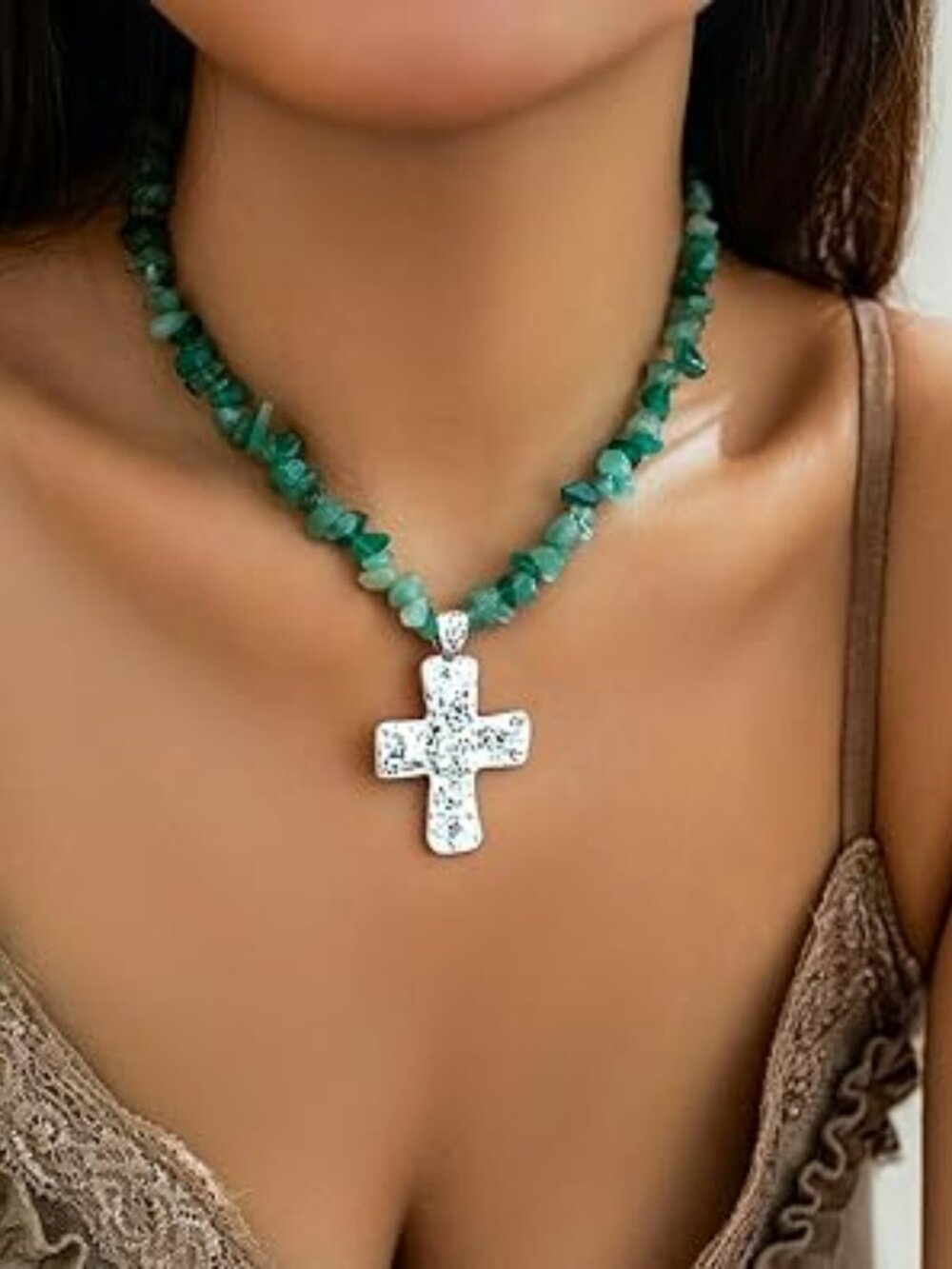 Silver Tone Cross Pendant Necklace Green Beaded Chain